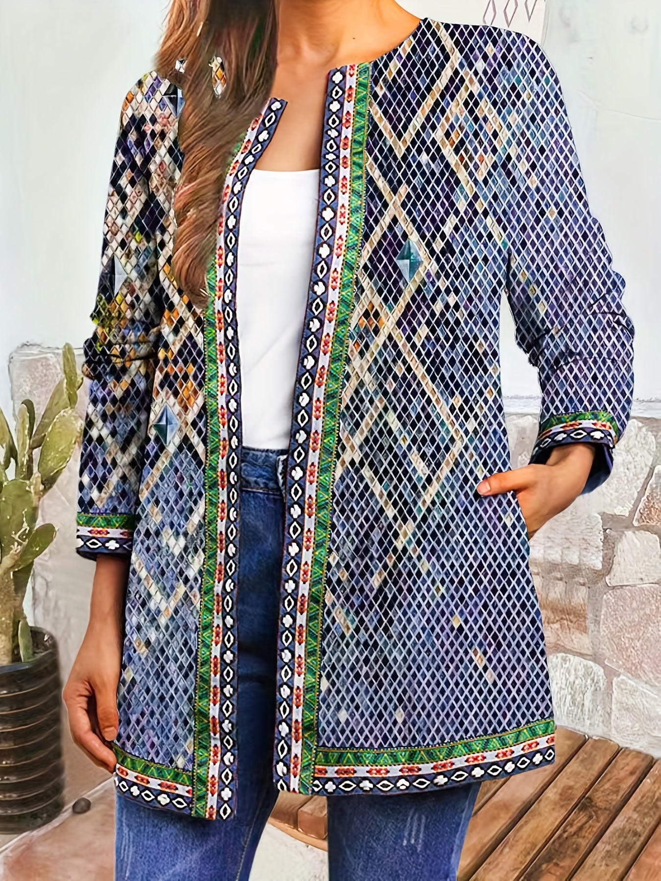 Ethnic Print Open Front Jacket, Vintage Long Sleeve Crew Neck Outerwear, Women's Clothing