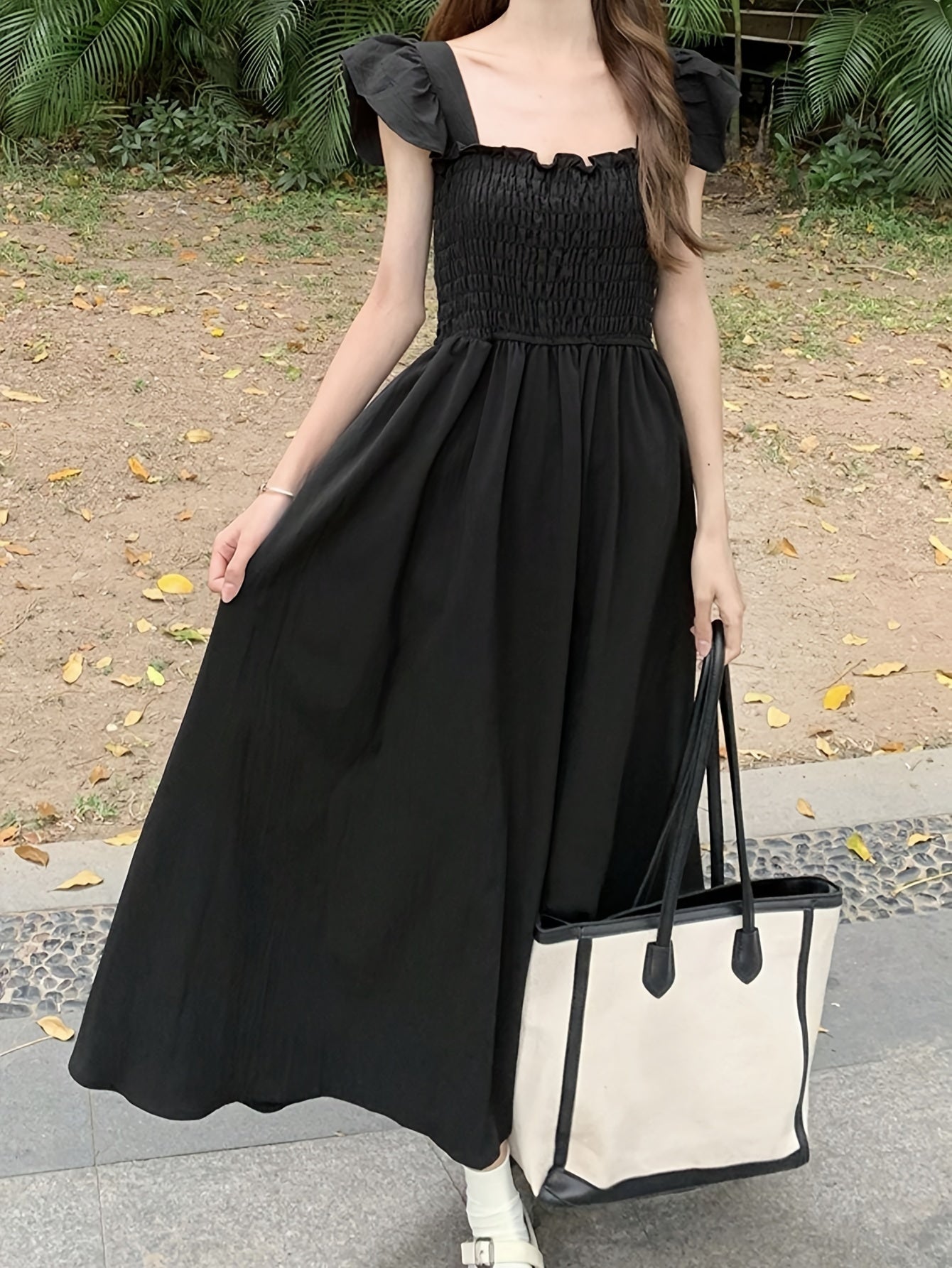 vlovelaw  Solid Square Neck Dress, Elegant Ruffle Sleeve Shirred Dress For Spring & Summer, Women's Clothing