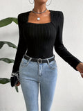 vlovelaw Solid Square Neck Slim T-Shirt, Versatile Long Sleeve T-Shirt For Spring & Fall, Women's Clothing