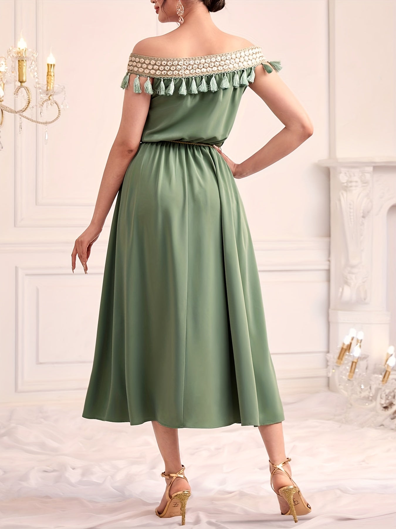 vlovelaw  Off Shoulder Tassel Dress, Elegant Solid Ruched Midi Dress, Women's Clothing
