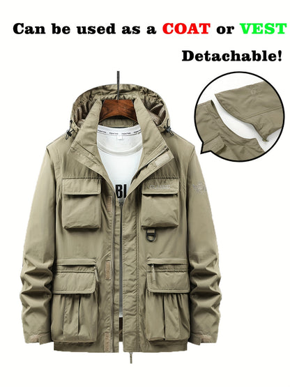 Men's Multi Pocket Detachable Windbreaker Jacket, Cargo Vest For Outdoor Fishing Climbing Photography, Multifunctional Wear-resistant Coat Vest
