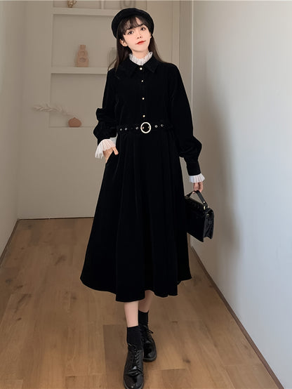 vlovelaw  Ruffle Trim Button Front A-line Dress, Chic Long Sleeve Belt Midi Length Dress, Women's Clothing