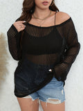vlovelaw  vlovelaw  Plus Size Casual Pullover Top, Women's Plus Ribbed Round Neck Long Sleeve Semi Sheer Knit Sweater