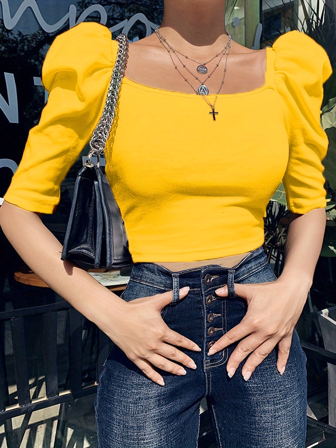 Square Neck Bubble Sleeve T-shirt, Casual Solid Every Day Top For Spring & Summer, Women's Clothing