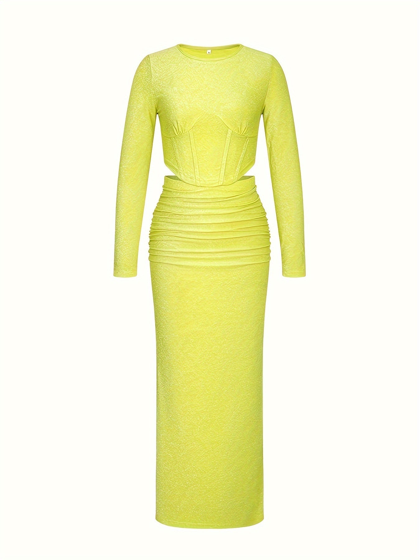 vlovelaw  Solid Color Two-piece Skirt Set, Crew Neck Long Sleeve Top & Skinny Ruched Skirts Outfits, Women's Clothing