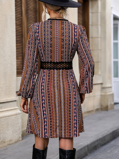 vlovelaw  Contrast Lace Striped Dress, Elegant V Neck Long Sleeve Dress, Women's Clothing