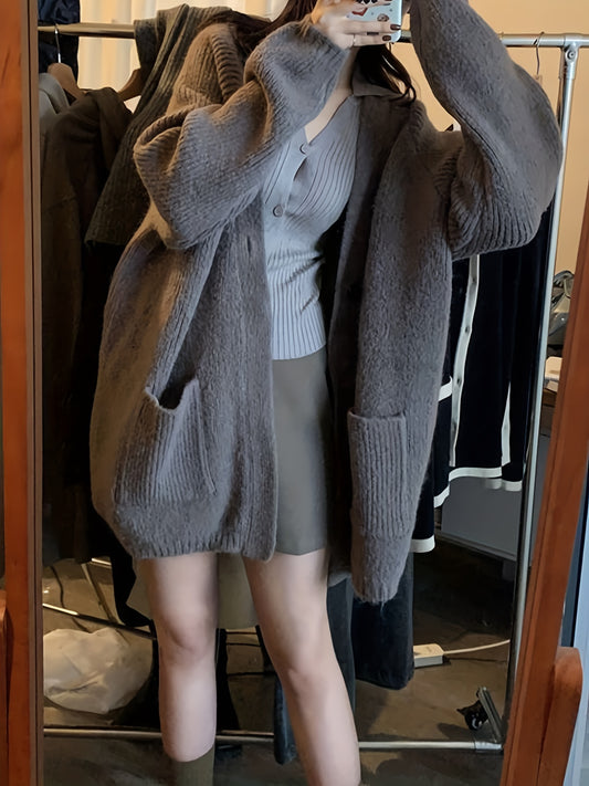 vlovelaw  Patched Pockets V-neck Cardigan, Elegant Long Sleeve Cardigan For Fall & Winter, Women's Clothing