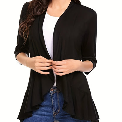 vlovelaw V-neck Loose Pleated Cardigans, Casual Frill Solid 3/4 Sleeve Spring Summer Fall Cardigan, Women's Clothing