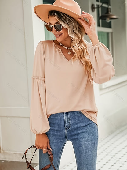 Solid Notch Neck T-Shirt, Casual Long Sleeve Top For Spring & Fall, Women's Clothing