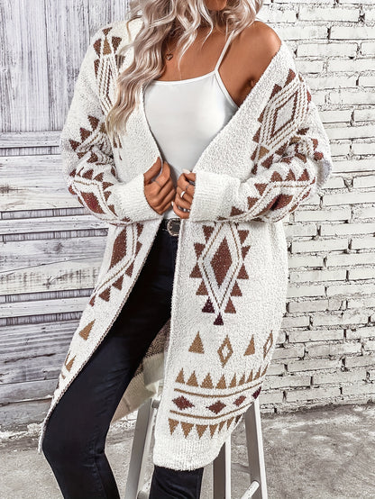 Argyle Print Knit Cardigan, Casual Open Front Long Sleeve Sweater, Women's Clothing