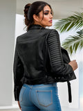 vlovelaw  Solid Leather Biker Jacket, Streetwear Long Sleeve Zipper Outerwear, Women's Clothing