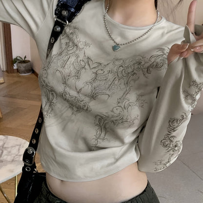vlovelaw Abstract Print Crew Neck T-Shirt, Y2K Long Sleeve T-Shirt For Spring & Fall, Women's Clothing