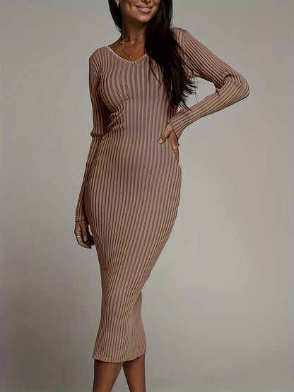 vlovelaw Bodycon V-neck Solid Dress, Long Sleeve Dress For Spring & Fall, Women's Clothing