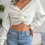 Knotted V Neck Crop Sweater, Casual Lantern Long Sleeve Loose Fall Winter Crop Knit Sweater, Women's Clothing