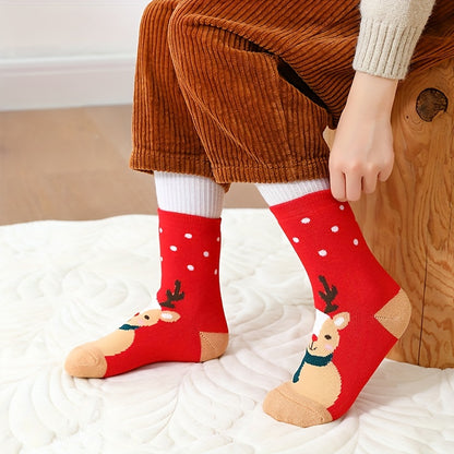 5 Pairs Of Girl's Unisex Cute Christmas Style Pattern Crew Socks, Comfy Breathable Casual Thermal Novelty Socks, All Seasons Wearing