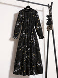 Floral Print Ruffle Trim Dress, Elegant Stand Collar Long Sleeve Maxi Dress, Women's Clothing