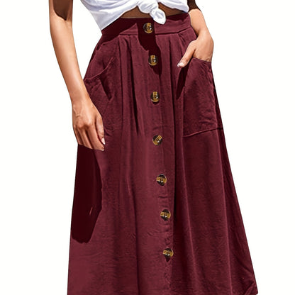 Plus Size Elegant Skirt, Women's Plus Solid Button Decor Slight Stretch Pleated Maxi Skirt With Pockets