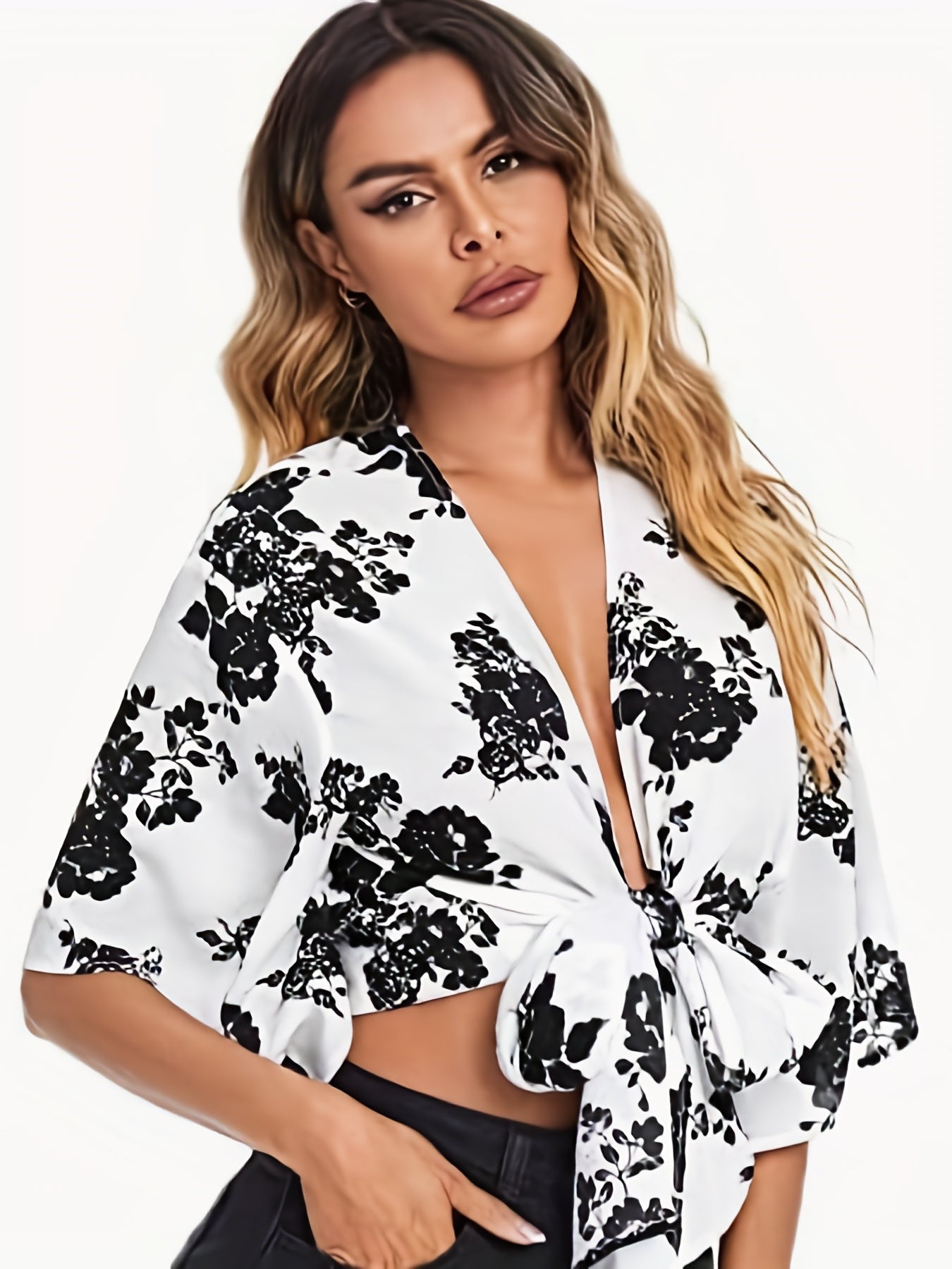 vlovelaw  Floral Print Tie Front Crop Blouse, Sexy Half Sleeve Blouse For Spring & Summer, Women's Clothing