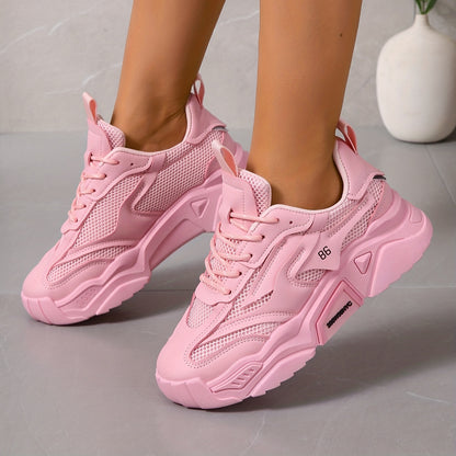 vlovelaw  Women's Solid Color Casual Sneakers, Lace Up Breathable Soft Sole Sporty Trainers, Versatile Low-top Platform Shoes