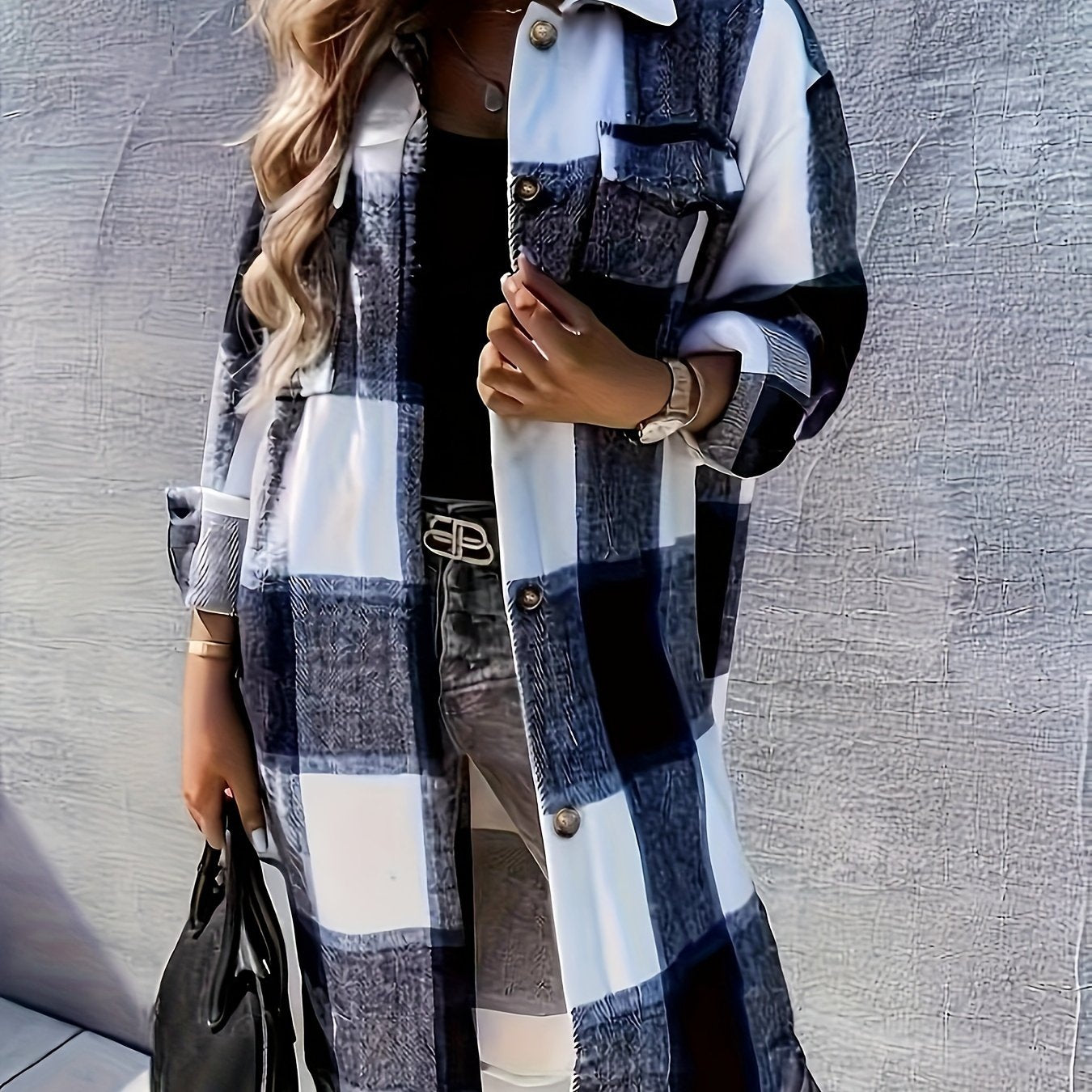 vlovelaw Plaid Print Long Length Jacket, Casual Button Front Flap Pockets Outwear, Women's Clothing