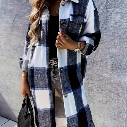 vlovelaw Plaid Print Long Length Jacket, Casual Button Front Flap Pockets Outwear, Women's Clothing