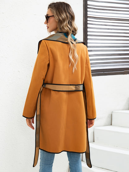 vlovelaw  Waterfall Collar Contrast Trim Coat, Casual Open Front Long Sleeve Outerwear, Women's Clothing