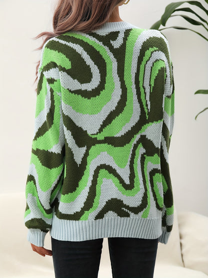 vlovelaw  Tie Dye Crew Neck Knitted Pullover Sweater, Casual Long Sleeve Sweater For Fall & Winter, Women's Clothing