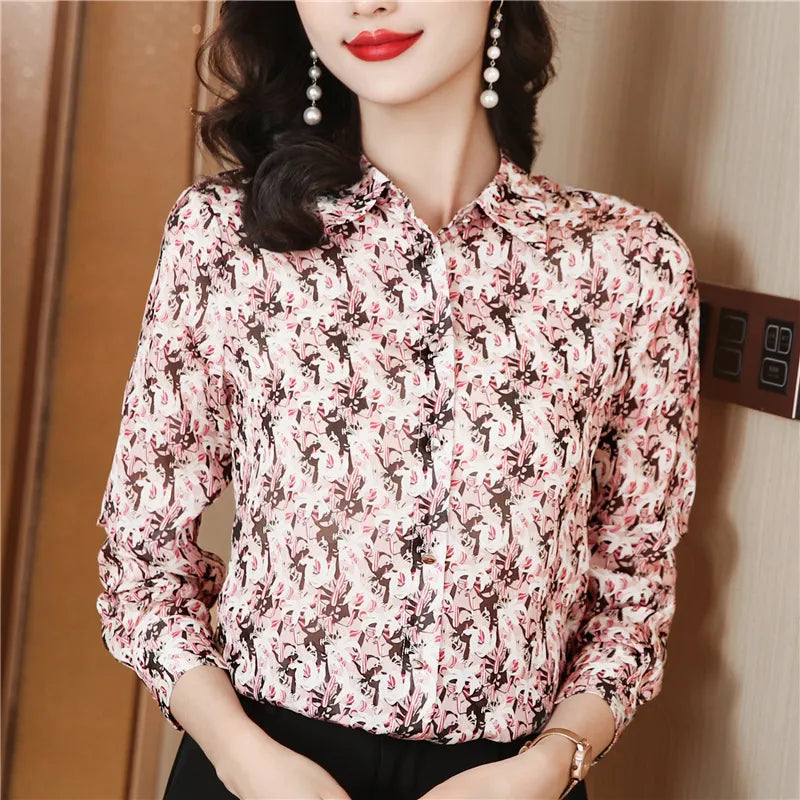 Ribbon Bow Women Silk Print Shirt Polka Dot Long Sleeve Button Up Blouses Office Ladies Casual Shirts Spring Autumn Designer Blouse Fine Elegant Tops Woman
