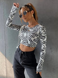 vlovelaw  Zebra Print Crew Neck Crop Top, Casual Long Sleeve Slim T-shirt For Spring & Fall, Women's Clothing
