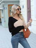 vlovelaw  Two-tone V Neck Pullover Sweater, Casual Long Sleeve Sweater For Spring & Fall, Women's Clothing