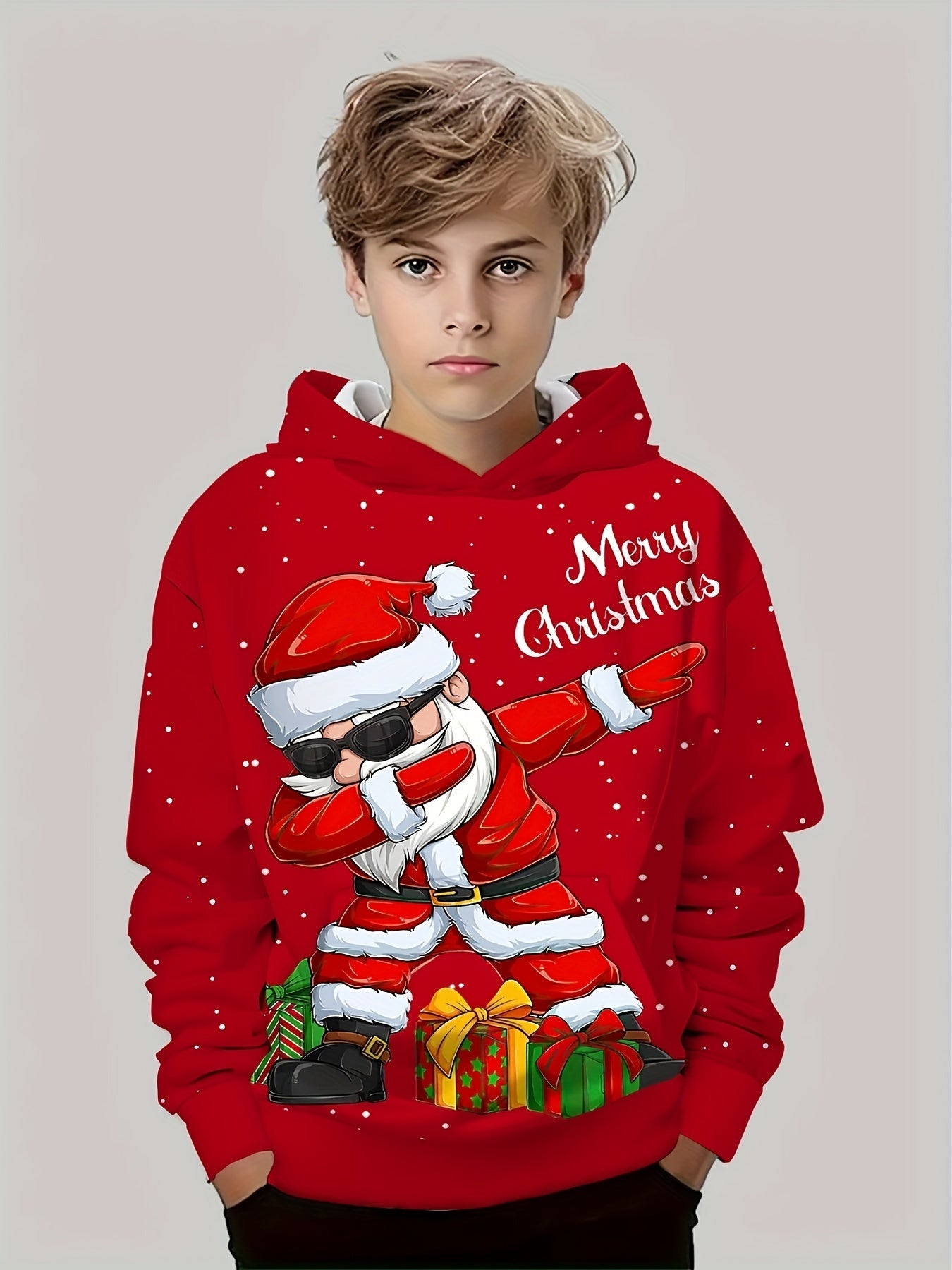 Christmas Theme Print Long Sleeve Hooded Sweatshirt - Soft, Regular Fit, Cozy Pullover Top for Boys, Perfect for Fall and Winter Seasons