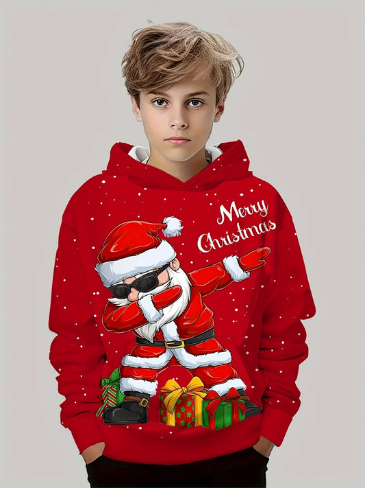 Christmas Theme Print Long Sleeve Hooded Sweatshirt - Soft, Regular Fit, Cozy Pullover Top for Boys, Perfect for Fall and Winter Seasons