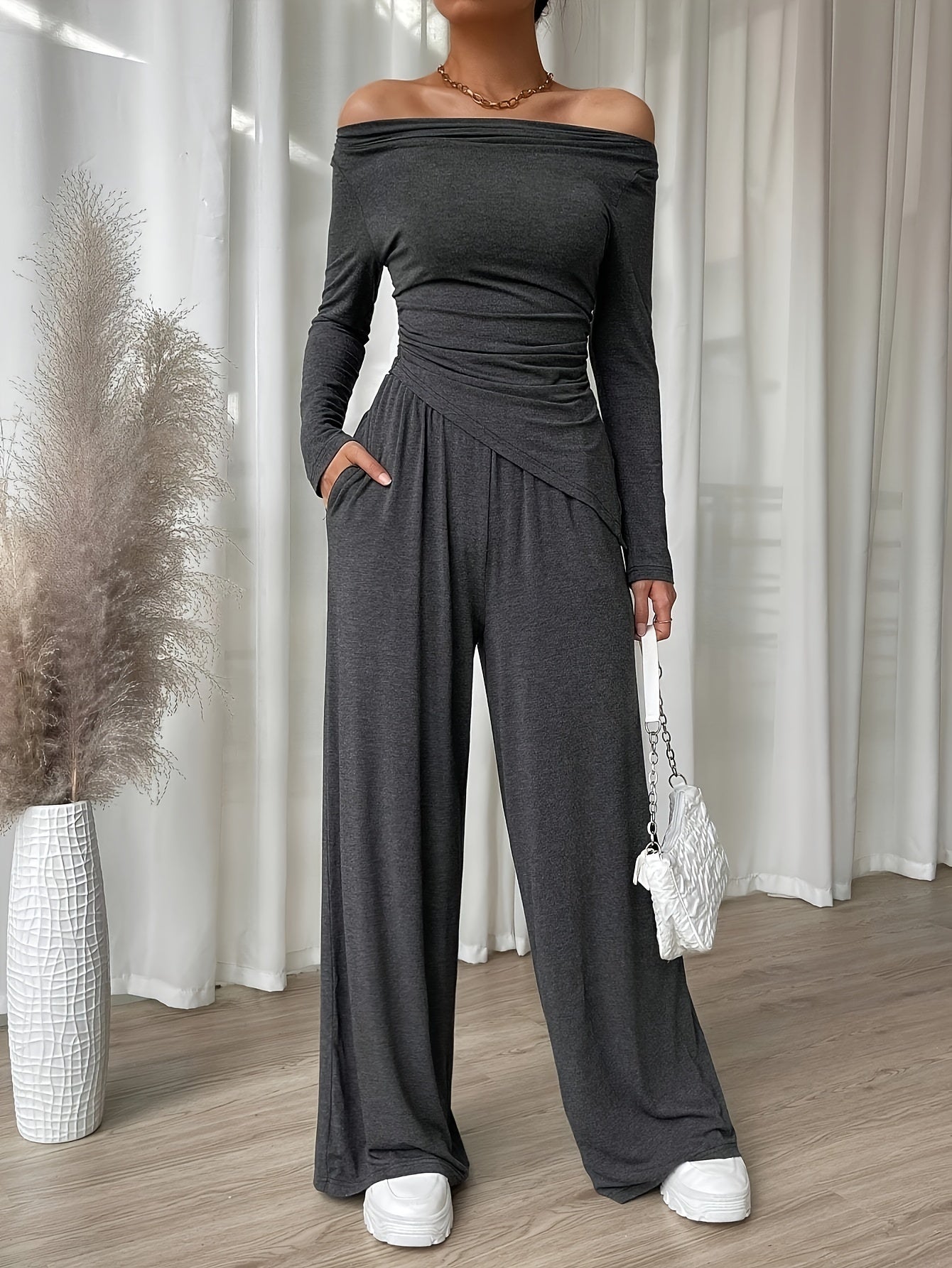 vlovelaw  Solid Color Spring Casual Two-piece Set, Off Shoulder Asymmetrical Hem Long Sleeve Top & Wide Leg Pants With Pockets Outfits, Women's Clothing