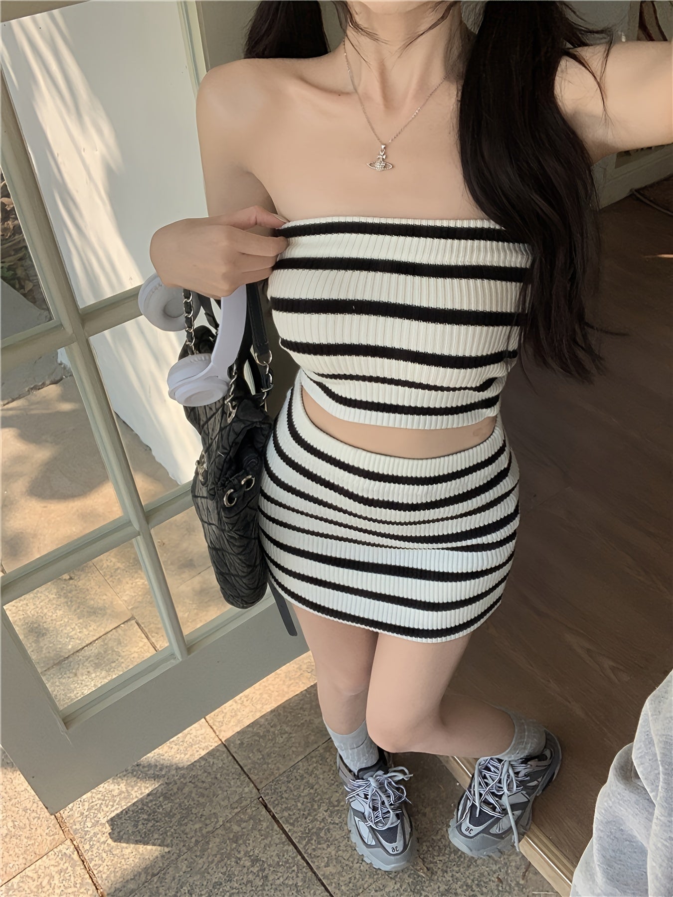 vlovelaw  Sexy Solid Color Slim Two-piece, Backless Crop Tube Top & High Waist Mini Skirt Outfits, Women's Clothing