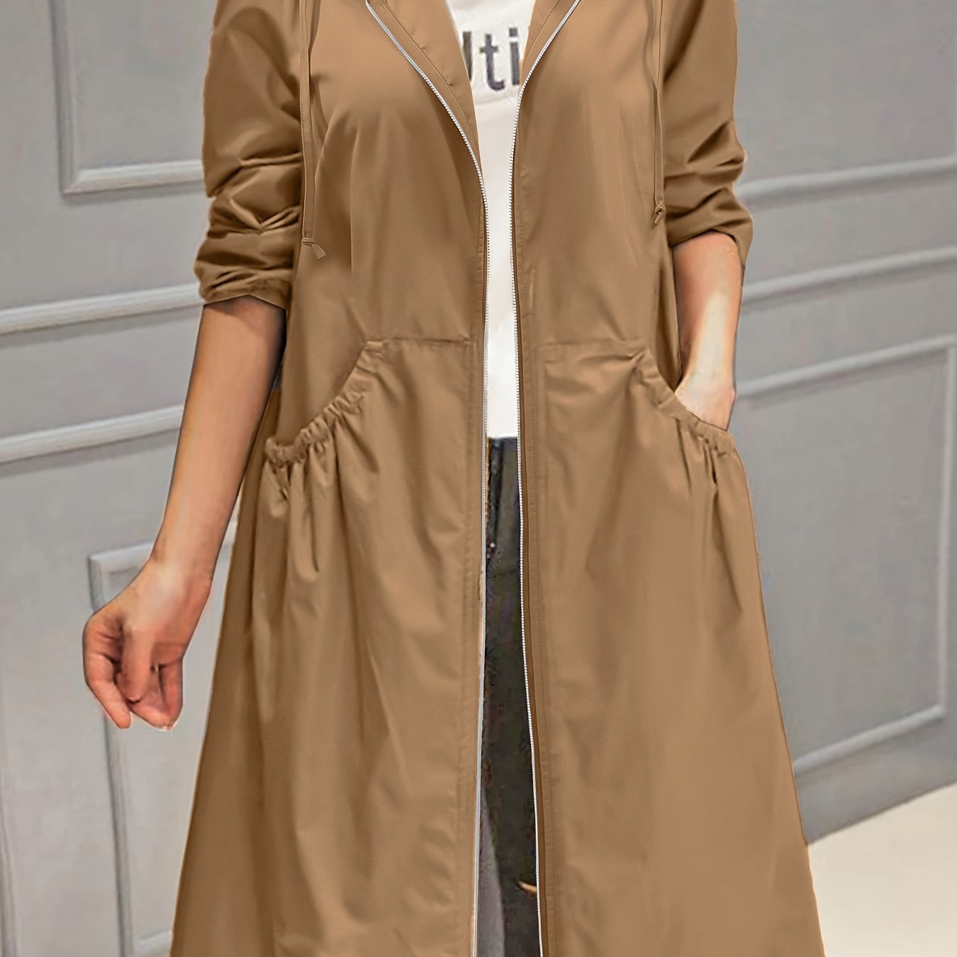 vlovelaw  Plus Size Casual Trench Coat, Women's Plus Solid Long Sleeve Hooded Drawstring Zipper Longline Trench Coat With Pockets