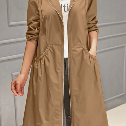 vlovelaw  Plus Size Casual Trench Coat, Women's Plus Solid Long Sleeve Hooded Drawstring Zipper Longline Trench Coat With Pockets