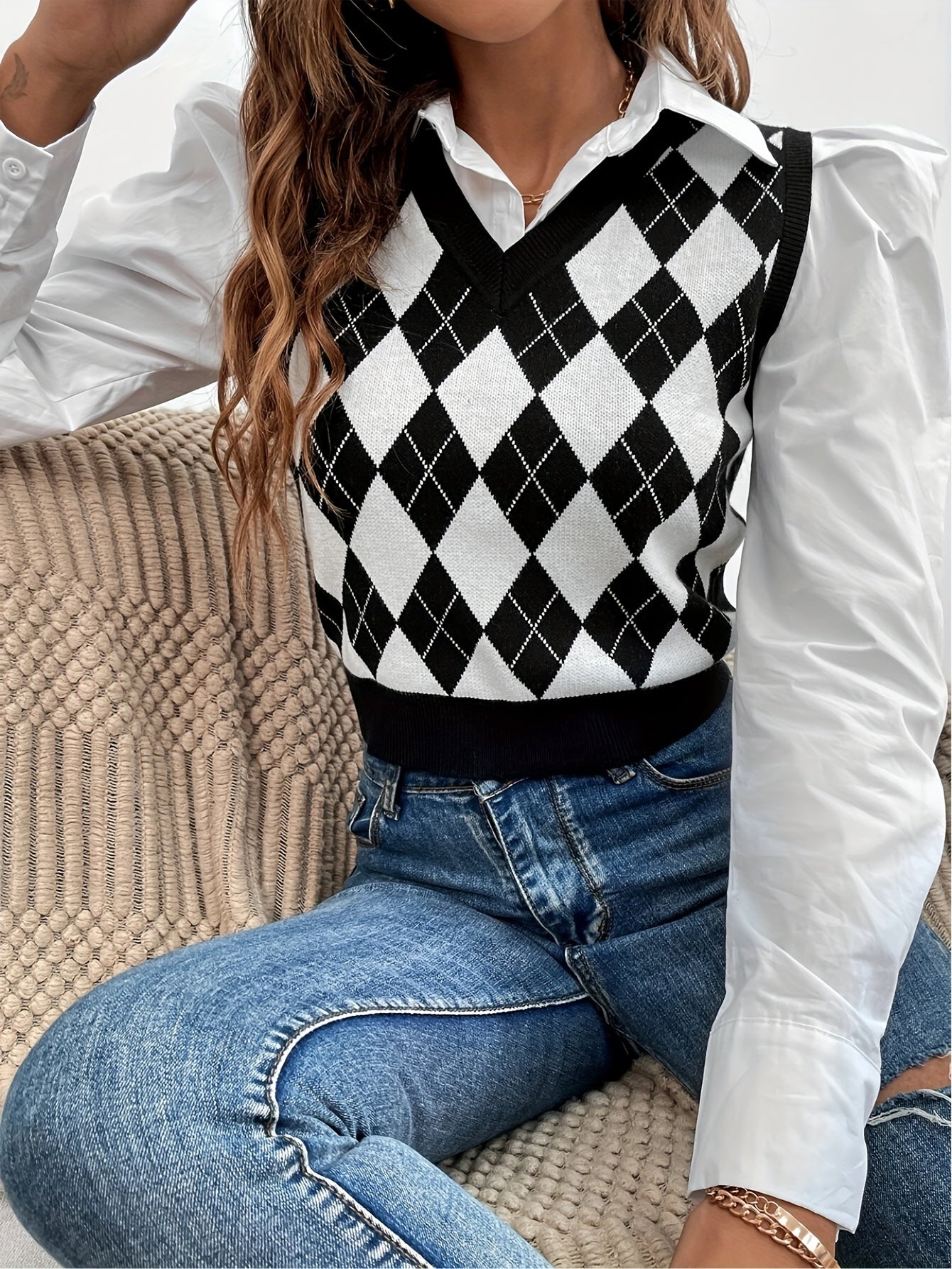 vlovelaw  Argyle Print V Neck Sweater Vest, Casual Sleeveless Knit Top, Women's Clothing
