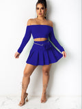 vlovelaw  Solid Elegant Two-piece Set, Off Shoulder Long Sleeve Crop Top & Pleated Mini Skirt Outfits, Women's Clothing