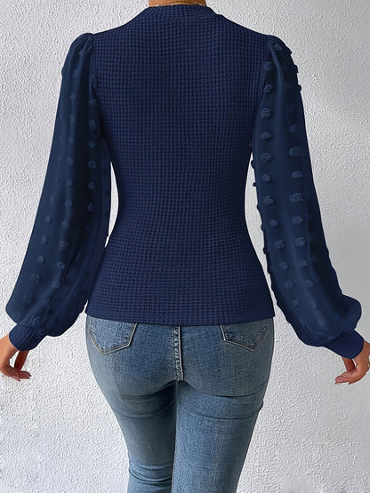 vlovelaw Textured Lantern Sleeve Top, Elegant Mock Neck Top For Spring & Fall, Women's Clothing