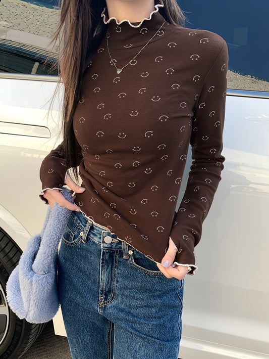 vlovelaw Smile Face Print T-Shirt, Casual Mock Neck Long Sleeve Top For Spring & Fall, Women's Clothing