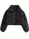 Solid Full Zipper Crop Coat, Warm Stand Collar Lightweight Coat, Outerwear For Fall & Winter, Women's Clothing