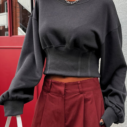 vlovelaw  Drop Shoulder Cinched Waist Sweatshirt, Stylish Long Sleeve Crew Neck Sweatshirt For Fall & Winter, Women's Clothing
