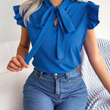 vlovelaw Bow Tie Flutter Sleeve Blouse, Elegant Sleeveless Solid Ruffle Trim Blouse, Women's Clothing