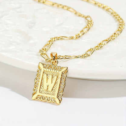 18K Gold Plated Square Monogram Pendant Necklace - Fashionable Personalized Alphabet Letter A-Z Figaro Chain Necklace for Men and Women - Copper Material, No Magnetic, No Mosaic, Plating-Free, Stylish Jewelry for Any Occasion