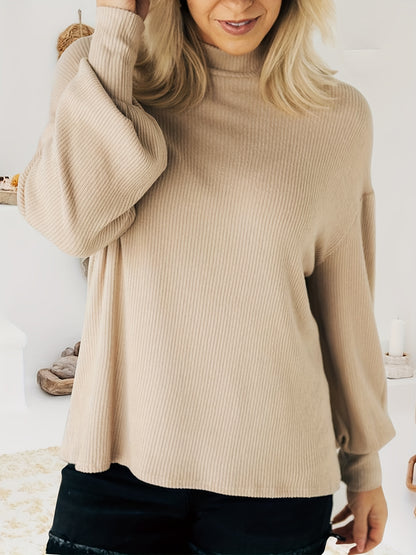 vlovelaw  Solid Ribbed Mock Neck T-Shirt, Casual Long Sleeve Top For Spring & Fall, Women's Clothing