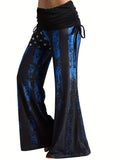 vlovelaw  Flag Print Flare Leg Pants, Casual Ruched High Waist Pants For Spring & Fall, Women's Clothing