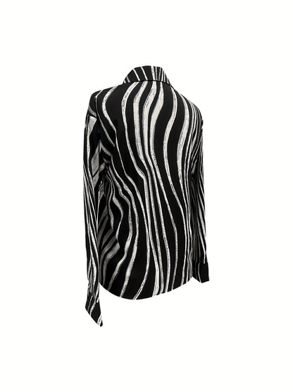 vlovelaw Striped  Print Button Front Shirt, Versatile Long Sleeve Shirt For Spring & Fall, Women's Clothing