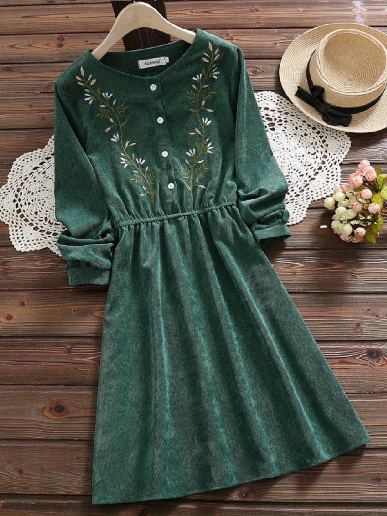 vlovelaw  Button Front Floral Embroidered Dress, Vintage Slim Waist Pleated Long Sleeve Dress, Women's Clothing