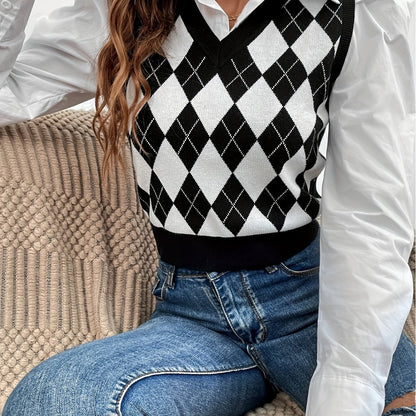 vlovelaw  Argyle Print V Neck Sweater Vest, Casual Sleeveless Knit Top, Women's Clothing