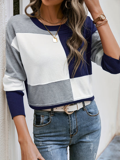 vlovelaw Color Block Knit Pullover Sweater, Casual Long Sleeve Crew Neck Sweater, Women's Clothing